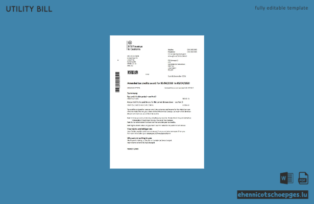 Beispiel-Word-Vorschau für Steuergutschriften der britischen Steuerbehörde (HM Revenue and Customs) auf einer Stromrechnung